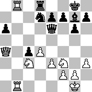 Wit: Kg1, Da4, Tb1, Tb8, Pc3, Pf3, pi d4, e3, f2, g2, h3; Zwart: Kg8, De6, Td8, Lg7, Pd7, pi a6, c4, e7, f7, g6, h7