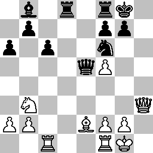 Wit: Kg1, Dh3, Tc1, Tf1, Le2, Pb3, pi a2, b2, f2, f5, g2; Zwart: Kg8, De5, Td8, Tf8, Lb8, Pf6, pi a6, b7, c6, f7, g7