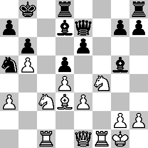 Wit: Kg1, De1, Tc1, Tf1, Ld3, Pc3, Pf4, pi a3, b5, d4, e3, g2, h2; Zwart: Kb8, De7, Td8, Th8, Ld7, Lg5, Pa5, pi a7, b6, d5, e6, g7, h7