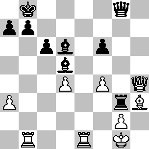 Wit: Kg1, Dh4, Tb1, Te1, Lh3, pi a3, d4, f4, g2; Zwart: Kb8, Dg8, Tg3, Ld6, Ld5, pi a7, b7, c6, f6