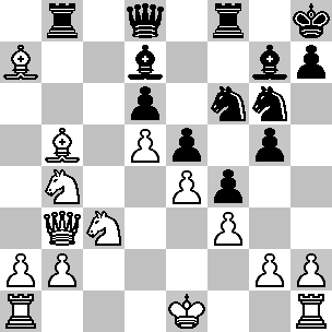 Wit: Ke1, Db3, Ta1, Th1, La7, Lb5, Pb4, Pc3, pi a2, b2, d5, e4, f3, g2, h2; Zwart: Kh8, Dd8, Tb8, Tf8, Ld7, Lg7, Pf6, Pg6, pi d6, e5, f4, g5, h7