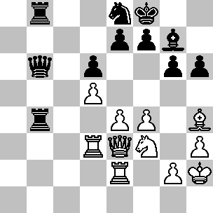 Wit: Kh2, De3, Td3, Te2, Lh4, Pf3, pi d5, e4, f4, g2, h3; Zwart: Kf8, Db6, Tb4, Tb8, Lg7, Pe8, pi d6, e7, f7, g6, h6