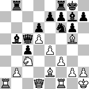 Wit: Kh1, Dd1, Ta1, Tf1, Le2, Lg5, Pc3, pi b2, d5, e4, f3, g2, h2; Zwart: Kg8, Dc5, Tb8, Tf8, Lb5, Lg7, Pf6, pi c4, d6, e7, f7, g6, h7