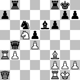 Kg1, Da1, Ta3, Tf1, Lf3, Pc5, pi b3, d4, f2, g2, h2; Zwart: Kg8, Db4, Tb8, Tf8, Le6, Pc6, pi a7, d5, f6, g7, h7