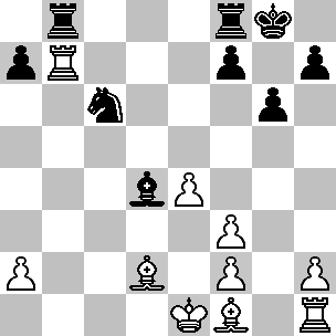 Wit: Ke1, Tb7, Th1, Ld2, Lf1, pi a2, e4, f2, f3, h2; Zwart: Kg8, Tb8, Tf8, Ld4, Pc6, pi a7, f7, g6, h7