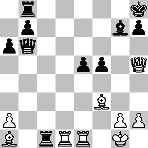 Wit: Kg1, Dh5, Td1, Te1, La1, Lf3, pi a2, g2, h2; Zwart: Kh8, Db6, Tb8, Tc1, Lg7, pi a6, b7, e5, f5, h7