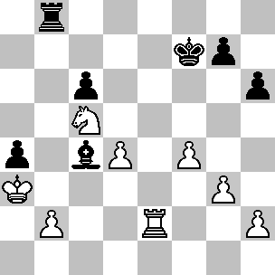 Wit: Ka3, Te2, Pc5, pi b2, d4, f4, g3, h2; Zwart: Kf7, Tb8, Lc4, pi a4, c6, g7, h6