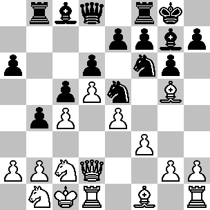 Wit: Kc1, Dd2, Td1, Th1, Lf1, Lg5, Pb1, Pc2, pi a2, b2, c4, d5, e4, f3, g2, h2; Zwart: Kg8, Dd8, Tb8, Tf8, Lc8, Lg7, Pe5, Pf6, pi a6, b4, c5, d6, e7, f7, g6, h7