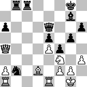 Wit: Kg1, Da4, Ta1, Te1, Ld2, Pf3, pi a2, e4, f2, g2, h3; Zwart: Kg8, De6, Tb8, Tc8, Lg7, Pb2, pi a6, e5, f4, g5, h6