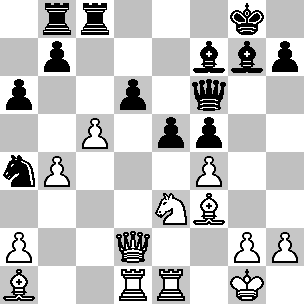 Wit: Kg1, Dd2, Td1, Te1, La1, Lf3, Pe3, pi a2, b4, c5, f4, g2, h2; Zwart: Kg8, Df6, Tb8, Tc8, Lf7, Lg7, Pa4, pi a6, b7, d6, e5, f5, h7