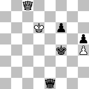 Wit: Kd6, Dc8, pi h4; Zwart: Kf4, De1, pi f6, h5
