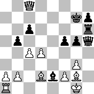 Wit: Kg1, Dc8, Ta1, Ld2, pi a2, b2, c4, d4, f2, g3; Zwart: Kg7, Dh5, Th6, Le2, pi b5, c6, f5, g5, h7