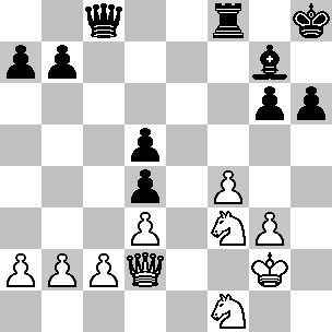 Wit: Kg2, Dd2, Pf1, Pf3, pi a2, b2, c2, d3, f4, g3; Zwart: Kh8, Dc8, Tf8, Lg7, pi a7, b7, d4, d5, g6, h6