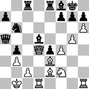 Wit: Kb1, Dd4, Td1, Th1, Le2, Le3, Pf2, pi b3, c2, f4, g5, h6; Zwart: Kg8, Da5, Tc8, Te8, Ld5, Lf8, Pb6, pi a7, b4, e4, f7, g7, h7