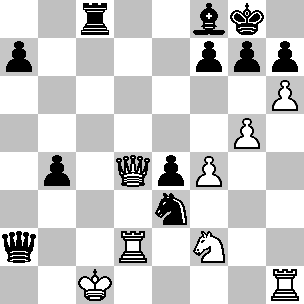 Wit: Kc1, Dd4, Td2, Th1, Pf2, pi f4, g5, h6; Zwart: Kg8, Da2, Tc8, Lf8, Pe3, pi a7, b4, e4, f7, g7, h7