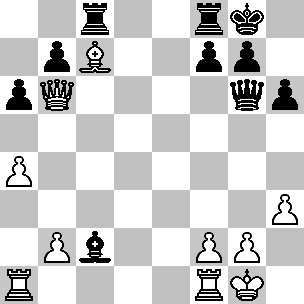 Wit: Kg1, Db6, Ta1, Tf1, Lc7, pi a4, b2, f2, g2, h3; Zwart: Kg8, Dg6, Tc8, Tf8, Lc2, pi a6, b7, f7, g7, h6