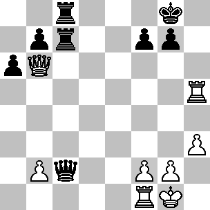 Wit: Kg1, Db6, Tf1, Th5, pi b2, f2, g2, h3; Zwart: Kg8, Dc2, Tc7, Tc8, pi a6, b7, f7, g7