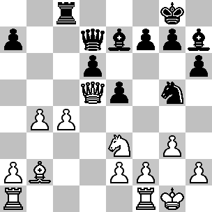 Wit: Kg1, Dd5, Ta1, Tf1, Lb2, Pe3, pi a2, b4, c4, e2, f2, g3, h2; Zwart: Kg8, Dd7, Tc8, Le7, Lh7, Pg5, pi a7, d6, e5, f7, g7, h6