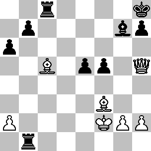 Wit: Kf2, Dh5, Lc5, Lf3, pi a2, g2, h2; Zwart: Kh8, Tb1, Tc8, Lg7, pi a6, b7, e5, f5, h7