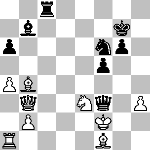 Wit: Kf2, Db3, Ta1, Lb4, Lf1, Pe3, pi a4, b2, h3; Zwart: Kg7, Df3, Tc8, Lb7, Pf6, pi a6, f5, g6