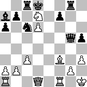 Wit: Kh1, Dd1, Ta1, Tf1, Lf3, Pd7, pi a2, b2, c3, d6, g2, h3; Zwart: Kd8, Dg5, Tc8, Tg8, La7, Pc6, pi a6, b7, f7, h5