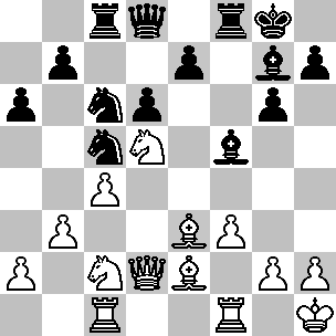 Wit: Kh1, Dd2, Tc1, Tf1, Le2, Le3, Pc2, Pd5, pi a2, b3, c4, f3, g2, h2; Zwart: Kg8, Dd8, Tc8, Tf8, Lf5, Lg7, Pc5, Pc6, pi a6, b7, d6, e7, g6, h7