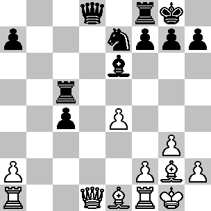 Wit: Kg1, Dd1, Ta1, Tf1, Le1, Lg2, pi a2, e4, f2, g2, h2; Zwart: Kg8, Dd8, Tc5, Tf8, Le6, Pe7, pi a7, c4, f7, g7, h7