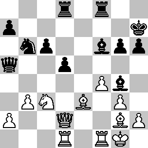 Wit: Kg1,Dd2, Td1, Tf1, Le3, Lg2, Pc3, pi a2, b3, f4, g3, h2; Zwart: Kh7, Da5, Td8, Tf8, Le6, Lg4, Pb6, pi a7, c6, d5, g7, h7
