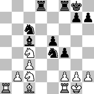 Wit: Kg1, Ta1, Tf1, Lc1, Pc2, Pc4, pi b2, c3, f2, g2, h2; Zwart: Kg8, Td8, Tf8, Lc5, Pc6, Pe4, pi e5, f4, g7, h7