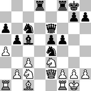 Wit: Kg1, De2, Ta1, Tf1, Lc1, Pc2, Pe3, pi a4, b2, c3, f2, g2, h2; Zwart: Kg8, De6, Td8, Tf8, Lc5, Pc6, Pe4, pi a6, b5, e5, f5, g7, h7