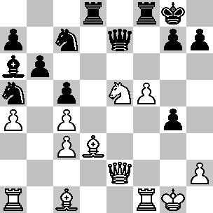 Wit: Kg1, De2, Ta1, Tf1, Lc1, Ld3, Pe5, pi a4, c3, c4, f5, h2; Zwart: Kg8, De7, Td8, Tf8, La6, Pa5, Pc7, pi a7, b6, c5, g4, g7, h7
