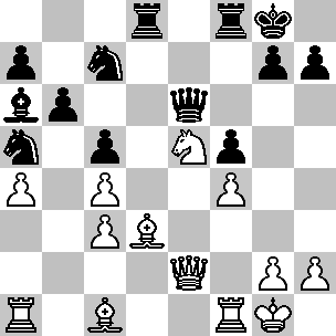 Wit: Kg1, De2, Ta1, Tf1, Lc1, Ld3, Pe5, pi a4, c3, c4, f4, g2, h2; Zwart: Kg8, De6, Td8, Tf8, La6, Pa5, Pc7, pi a7, b6, c5, f5, g7, h7
