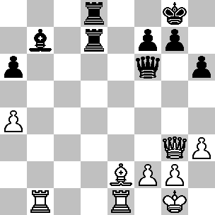 Wit: Kg1, Dg3, Tb1, Te1, Le2, pi a4, f2, g2, h3; Zwart: Kg8, Df6, Td7, Td8, Lb7, pi a6, f7, g7, h6