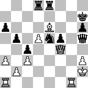 Wit: Kh2, Df4, Ta1, Tg1, Le6, pi a3, b2, c3, d5, h3; Zwart: Kh7, Dh5, Td8, Te8, Pe5, pi a6, b5, c4, f5, h6