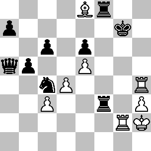 Wit: Kh2, Tg2, Th4, Le8, pi c3, d4, e5, h3; Zwart: Kg7, Da5, Tf3, Tf8, Pc4, pi a7, b5, c6, e6