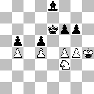 Wit: Kh4, Pf3, pi b4, d4, f4, g4; Zwart: Ke6, Le8, pi b5, b5, f6, g6