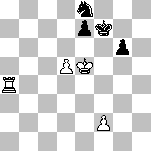 Ke5, Ta4, pi d5, f2; Zwart: Kf7, Pe8, pi d7, g6