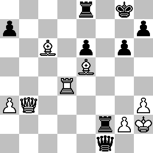 Wit: Kh2, Db3, Td4, Lc6, Le5, pi a3, g2, h3; Zwart: Kg8, Df1, Te8, Tf2, pi a7, e6, g6, h7