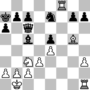 Wit: Ka1, Tf8, Th1, Lg5, Pc3, pi a2, b2, c2, d3, e4, h3; Zwart: Ka7, Dc6, Lc5, Pe7, pi a6, b7, c7, e5, g7, h7