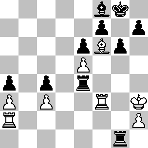 Wit: Kh3, Ta2, Tf3, Lf6, pi a3, c3, e5, h2; Zwart: Kg8, Te4, Tg1, Lf8, pi a4, c4, e6, f7, g6, h7