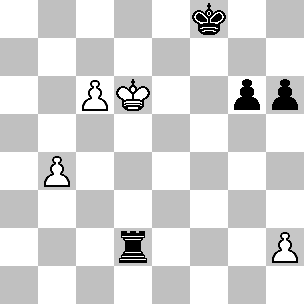 Wit: Ke5, Ta1, Lc4, pi b4, c5, h2; Zwart: Kf8, Td8, Lb7, pi a6, e3, g6, h6