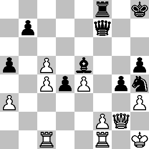 Wit: Kh1, Dg2, Tc1, Tf1, pi a3, c4, c5, e4, f2, h3; Zwart: Kh8, Df7, Tf8, Le5, Ph4, pi a5, b7, d4, g4, h5