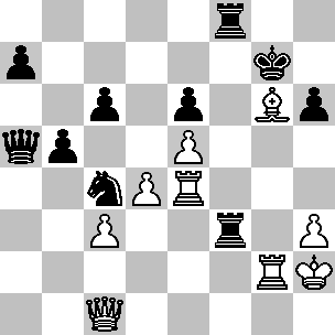 Wit: Kh2, Dc1, Te4, Tg2, Lg6, pi c3, d4, e5, h3; Zwart: Kg7, Da5, Tf3, Tf8, Pc4, pi a7, b5, c6, e6, h6
