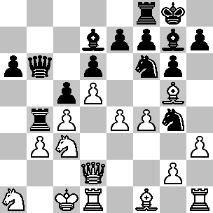 Wit: Kc1, Dd2, Td1, Th1, Lf1, Lg5, Pa1, Pc3, pi b3, c4, d5, e4, f4, g2, h3; Zwart: Kg8, Db6, Tb4, Tf8, Ld7, Lg7, Pf6, Pg4, pi a6, c5, d6, e7, f7, g6, h7