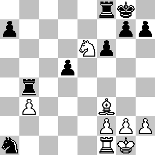 Kg1, Tf1, Lf3, Pe6, pi b3, f2, g2, h2; Zwart: Kg8, Tb4, Tf8, Pa1, pi a7, d5, f6, g7, h7
