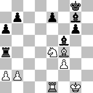 Wit: Kg1, Te1, Pe4, Lf4, pi a2, b2, f3; Zwart: Kg8, Ta4, Lf5, Lg7, pi a6, b7, e7, g6