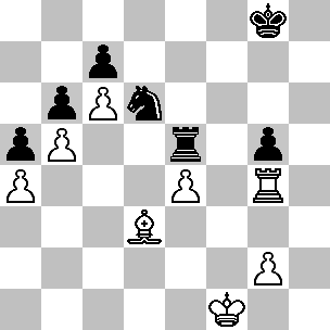 Wit: Kf1, Tg4, Ld3, pi a4, b5, c6, e4, g2; Zwart: Kg8, Te5, Pd6, pi a5, b6, c7, g5