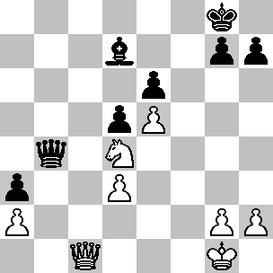 Wit: Kg1, Dc1, Pd4, pi a2, d3, e5, g2, h2; Zwart: Kg8, Db4, Ld7, pi a3, d5, e6, g7, h7