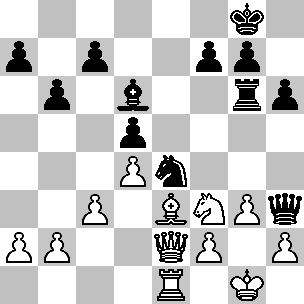 Wit: Kg1, De2, Te1, Le3, Pf3, pi a2, b2, c3, d4, f2, g3, h3; Zwart: Kg8, Dh3, Tg6, Ld6, Pe4, pi a7, b6, c7, d5, f7, g7, h6