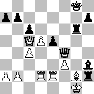 Wit: Kg1, Dc5, Td2, Te2, Lg2, pi a2, b2, c4, d5, f3; Zwart: Kg8, Df4, Tg6, Th2, Lh3, pi a7, b7, c6, e5, h7